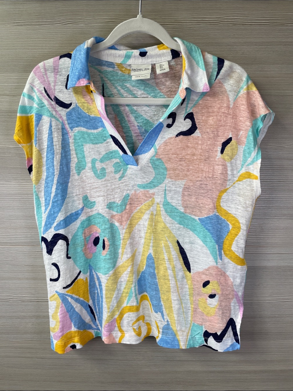 Rachel Zoe Linen Pastel Abstract Floral Collared V-Neck Top Size Large